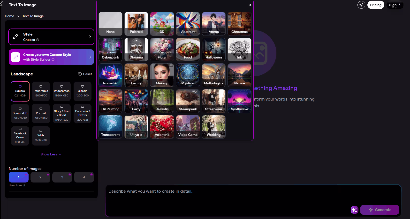 Multiple AI art style options including realistic and artistic renders