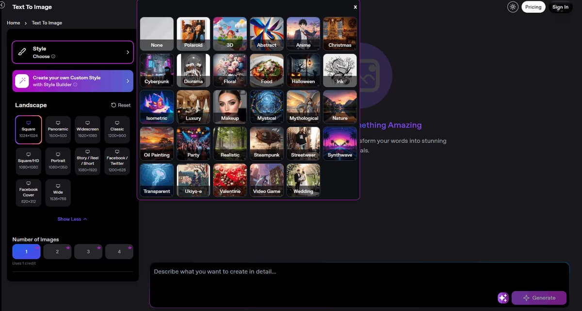 Multiple AI art style options including realistic and artistic renders